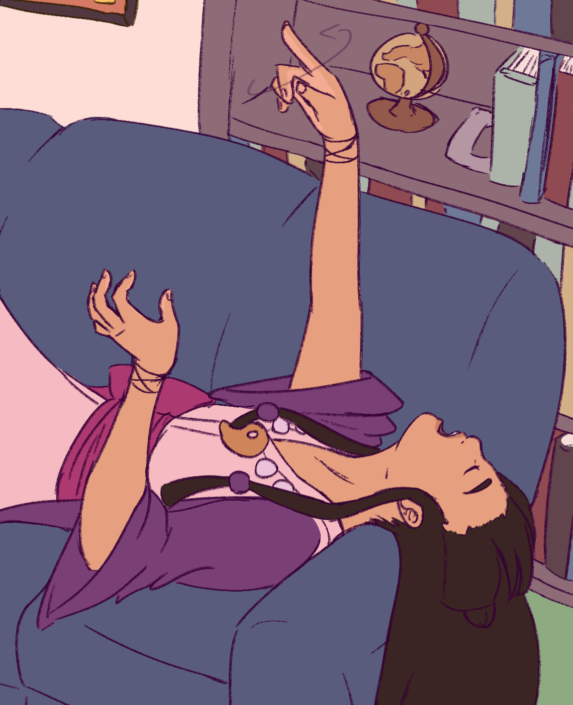 Digital illustration of Maya Fey from Ace Attorney lying down on a sofa with her eyes closed, gesturing with both hands while talking.